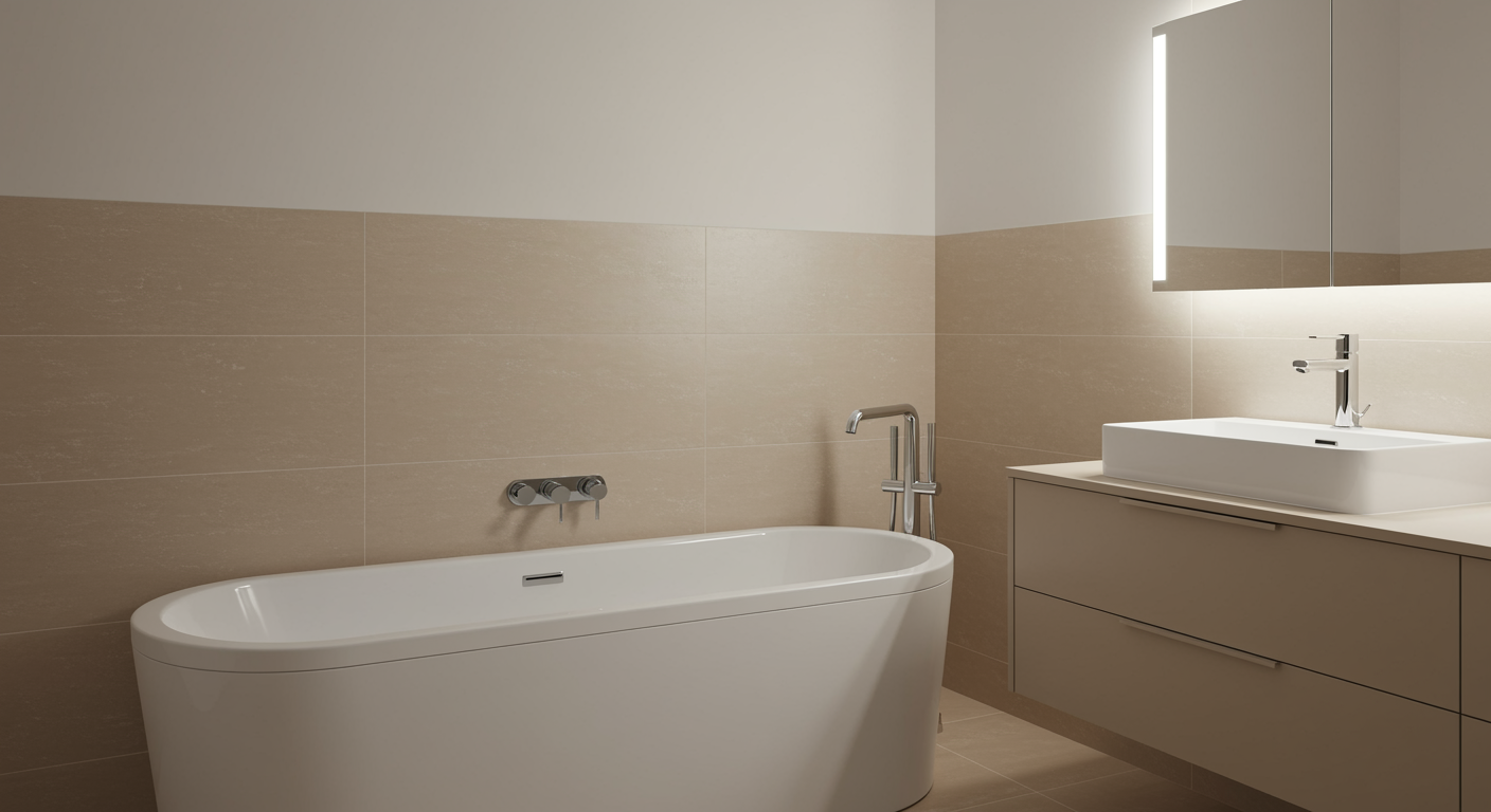 Bathroom plumbing service showing a spotless modern bathroom with a soaking tub and vanity, featuring clean lines and shining chrome faucet