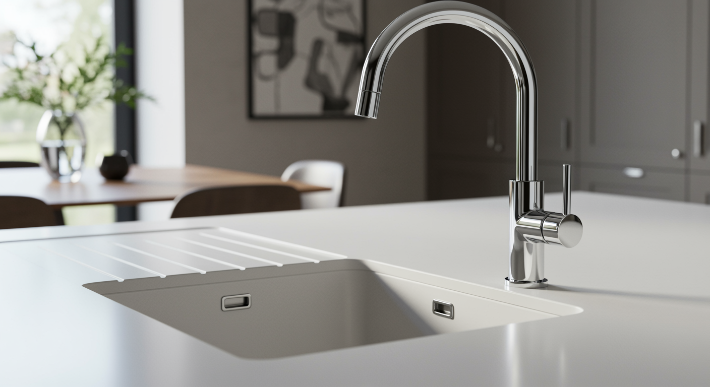 Pristine kitchen sink with modern chrome faucet and spotless countertop representing expert pipe repair results