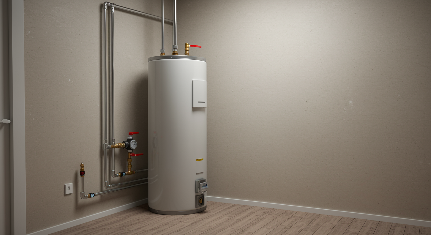 Newly installed water heater in a spotless utility room with clean walls and chrome piping, representing expert plumbing service